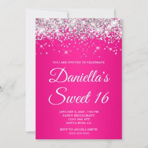 Silver Glitter Hot Pink Ombre Sweet 16 Invitation