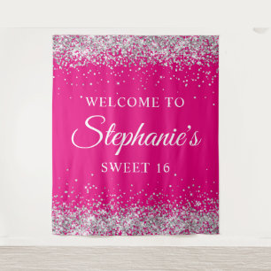 Silver Glitter Hot Pink Sweet 16 Birthday Welcome Tapestry