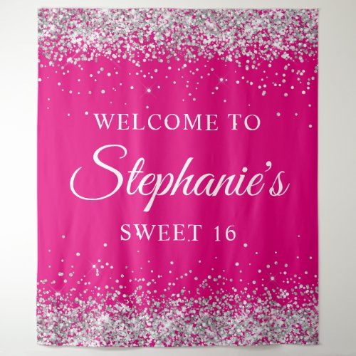 Silver Glitter Hot Pink Sweet 16 Birthday Welcome Tapestry