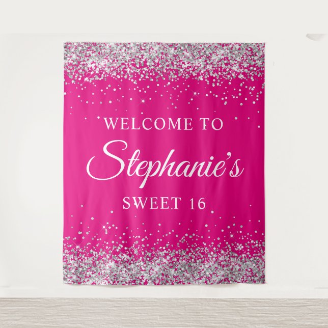 Silver Glitter Hot Pink Sweet 16 Birthday Welcome Tapestry (Front)