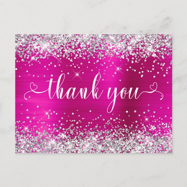 Silver Glitter Hot Pink Sweet 16 Hearts Thank You Postcard (Front)
