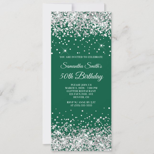 Silver Glitter Hunter Green 50th Birthday Invitation (Front)