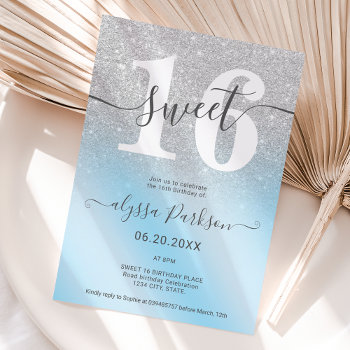 Silver Glitter Ice Blue Chic Girly Sweet 16 Invitation by girly_trend at Zazzle