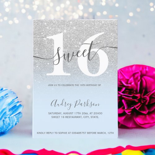 Silver glitter ice blue ombre girly Sweet 16 Invitation
