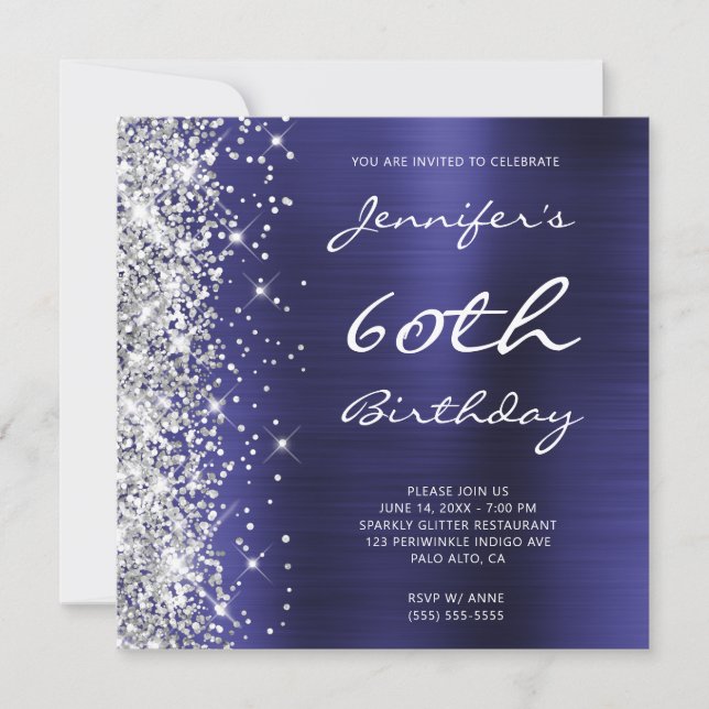 Silver Glitter Indigo Blue Foil 60th Birthday Invitation (Front)