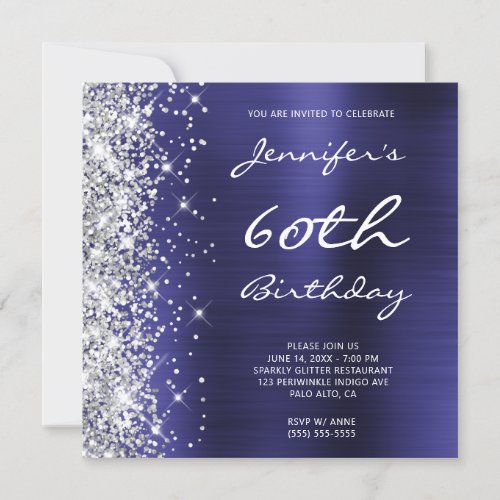 Silver Glitter Indigo Blue Foil 60th Birthday Invitation