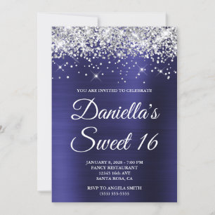 Silver Glitter Indigo Blue Foil Sweet 16 Invitation