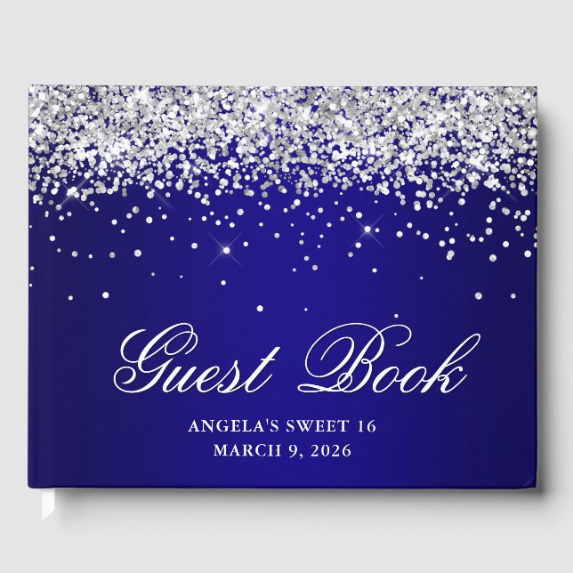 Silver Glitter Indigo Blue Ombre Sweet 16 Guest Book (Front)