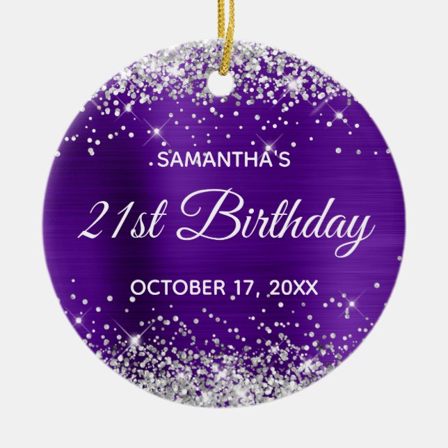 Silver Glitter Indigo Foil 21st Birthday Ceramic Ornament (Front)