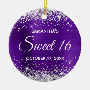 Silver Glitter Indigo Foil Sweet 16 Birthday Ceramic Ornament