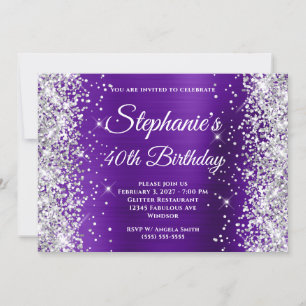 Silver Glitter Indigo Purple Fancy 40th Birthday Invitation