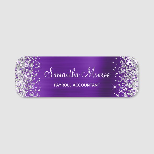 Silver Glitter Indigo Purple Foil Name Title Tag (Front)