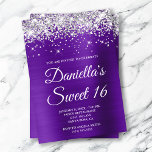 Silver Glitter Indigo Purple Foil Sweet 16 Invitation<br><div class="desc">Create your own stylish 16th birthday celebration invitation for your daughter. Decorative faux sparkly silver glitter graphics form a top border. The background digital art features a shiny bright indigo purple ombre style brushed metal foil. Customize the invitation white text color or font styles. The "Sweet 16" text is also...</div>