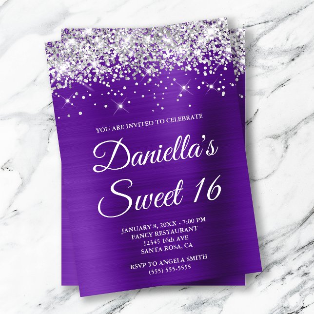 Silver Glitter Indigo Purple Foil Sweet 16 Invitation (Creator Uploaded)