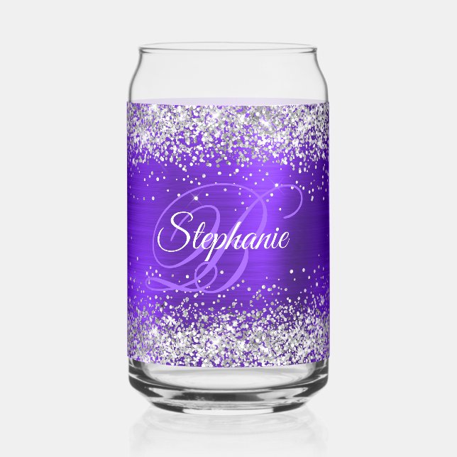 Silver Glitter Indigo Violet Glam Fancy Monogram Can Glass (Front)
