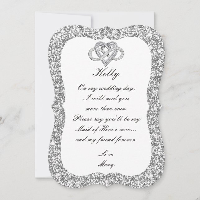 Silver Glitter Infinity Heart Maid Of Honor Card (Front)