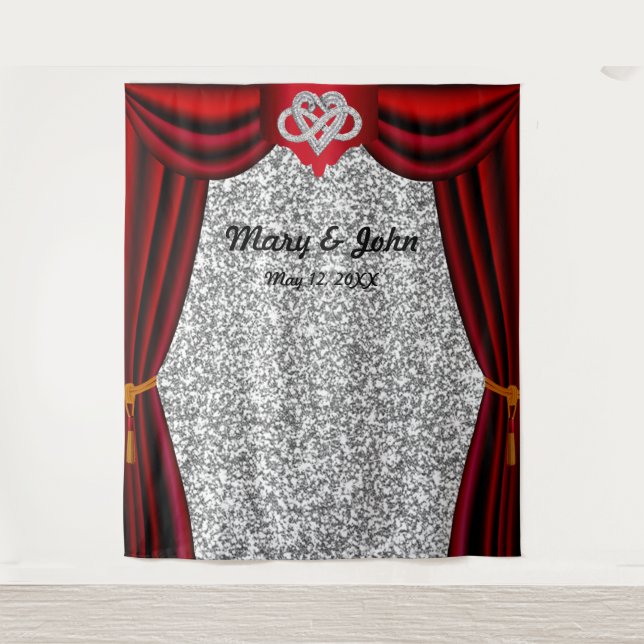 Silver Glitter Infinity Heart Red Curtain Backdrop (Front)