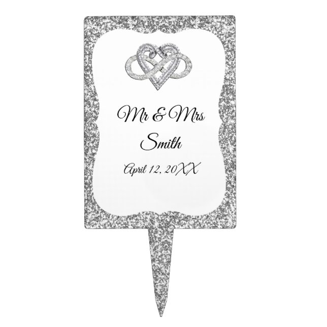 Silver Glitter Infinity Heart Wedding Cake Topper (Front)