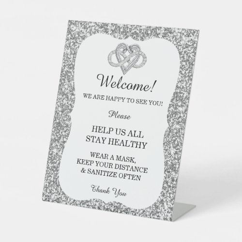 Silver Glitter Infinity Heart Wedding Safety  Pedestal Sign