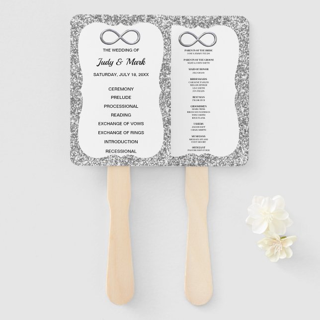 Silver Glitter Infinity Wedding Program Fans (Front and Back)