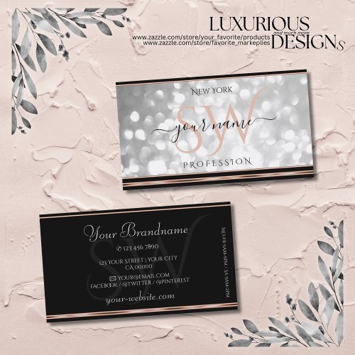 Silver Glitter Initials Black and Rose Gold Border Business Card