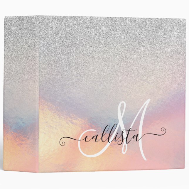 Silver Glitter Iridescent Holographic Gradient 3 Ring Binder (Front/Spine)