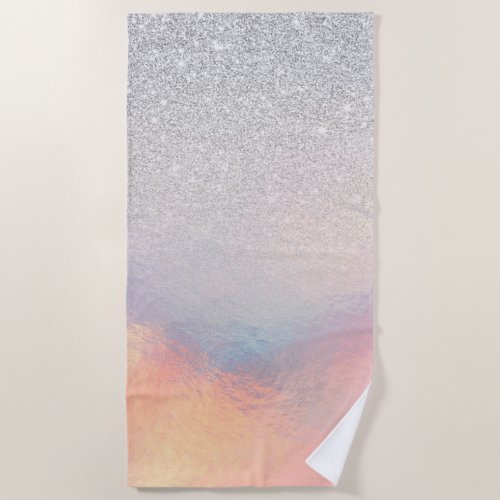Silver Glitter Iridescent Holographic Gradient Beach Towel