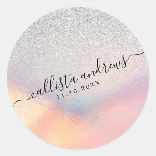 Silver Glitter Iridescent Holographic Gradient Classic Round Sticker