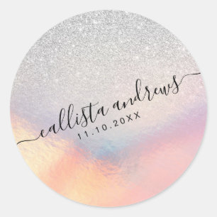 Silver Glitter Iridescent Holographic Gradient Classic Round Sticker