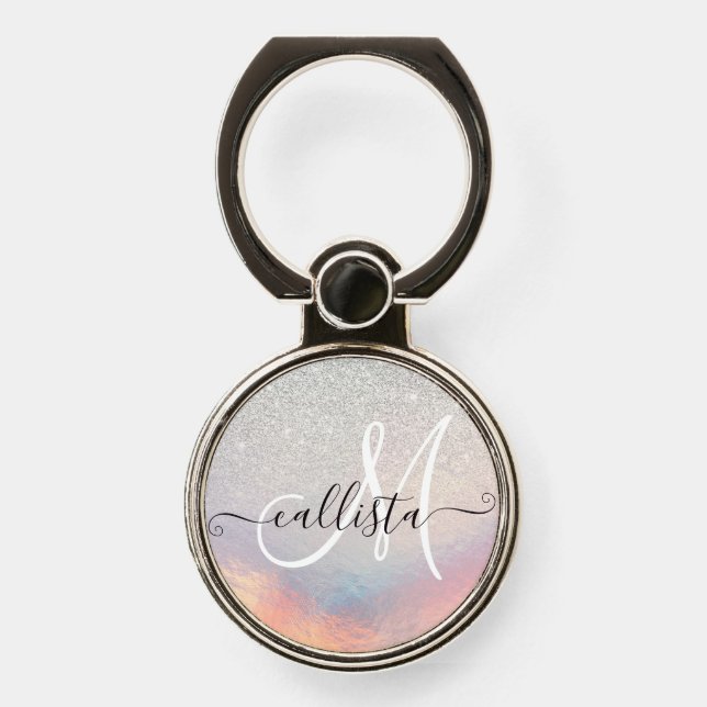 Silver Glitter Iridescent Holographic Gradient Phone Ring Stand (Front)