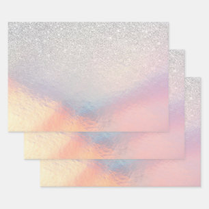 Silver Glitter Iridescent Holographic Gradient Wrapping Paper Sheets