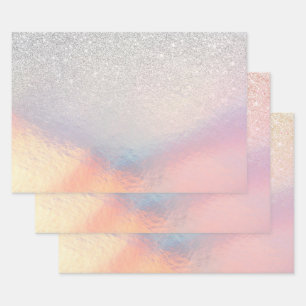 Silver Glitter Iridescent Holographic Gradient Wrapping Paper Sheets
