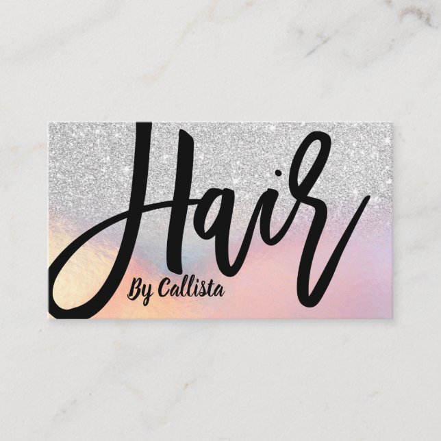 Silver Glitter Iridescent Holographic Hair Stylist Business Card (Front)