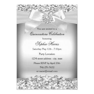 Silver Glitter & Jewel Bow Quinceanera Card