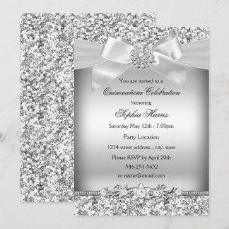 Silver Glitter & Jewel Bow Quinceanera Invitation