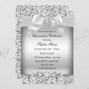 Silver Glitter & Jewel Bow Quinceanera Invitation