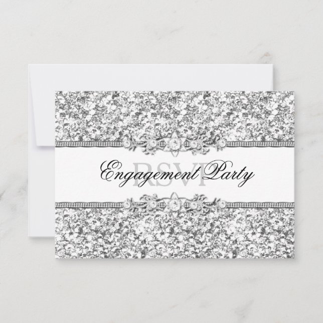 Silver Glitter & Jewel Engagement Party RSVP Invitation (Front)