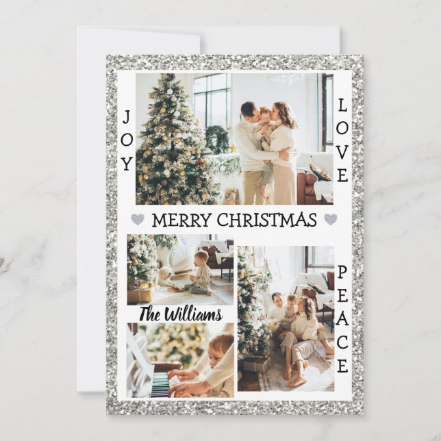 Silver Glitter Joy Love Peace Christmas Photo Holiday Card (Front)