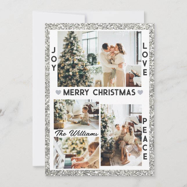 Silver Glitter Joy Love Peace Christmas Photo  Holiday Card (Front)