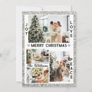 Silver Glitter Joy Love Peace Christmas Photo Holiday Card