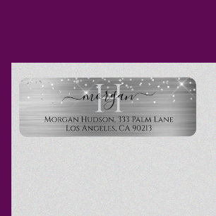 Silver Glitter & Large Monogram, Black Script Name Label