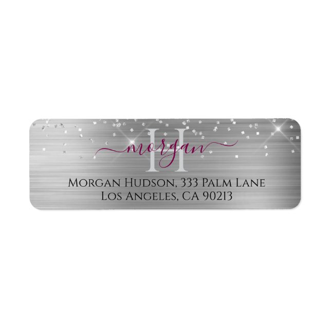 Silver Glitter & Large Monogram, Maroon Name Label (Front)