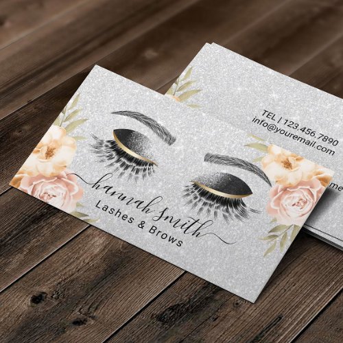 Silver Glitter Lashes  Brows Beauty Salon Floral Business Card