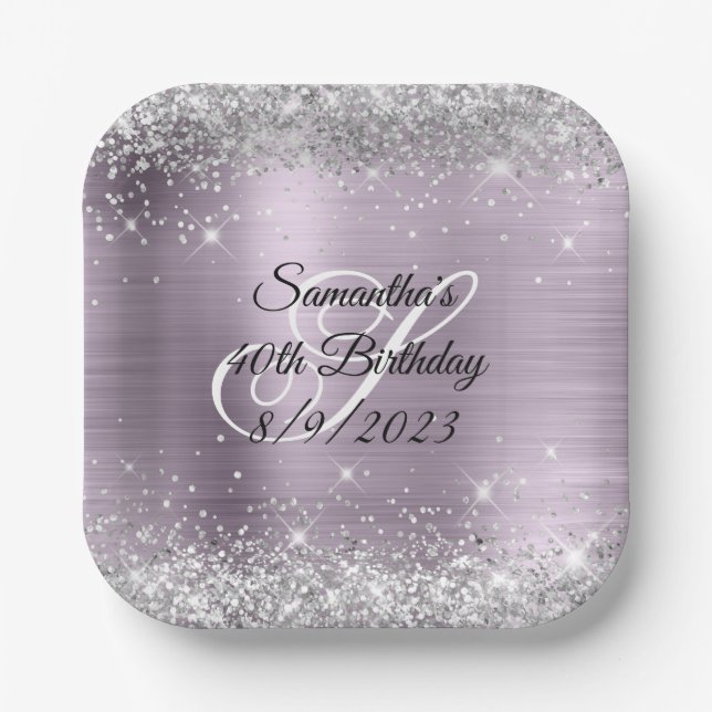 Silver Glitter Lavender Foil 40th Birthday Paper Plates (Front)