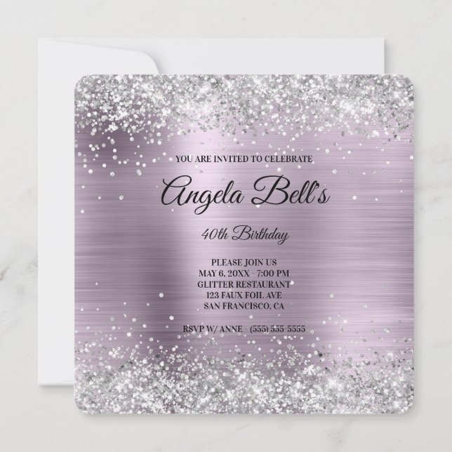 Silver Glitter Lavender Foil Fancy Monogram Invitation (Back)