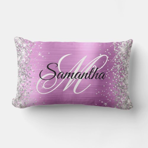 Silver Glitter Lavender Foil Fancy Monogram Lumbar Pillow