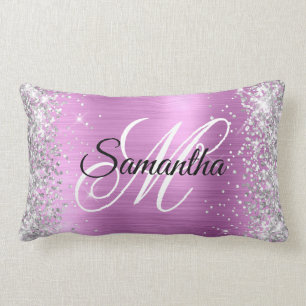 Silver Glitter Lavender Foil Fancy Monogram Lumbar Pillow