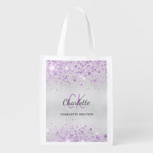 Silver glitter lavender monogram initials grocery bag