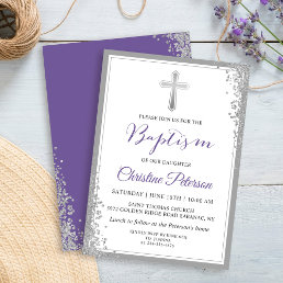 Silver Glitter  Lavender Purple Baptism Invitation