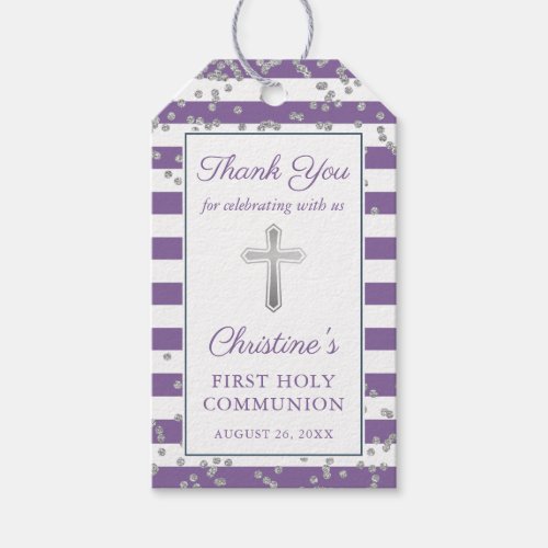 Silver Glitter Lavender Purple First Communion Gift Tags